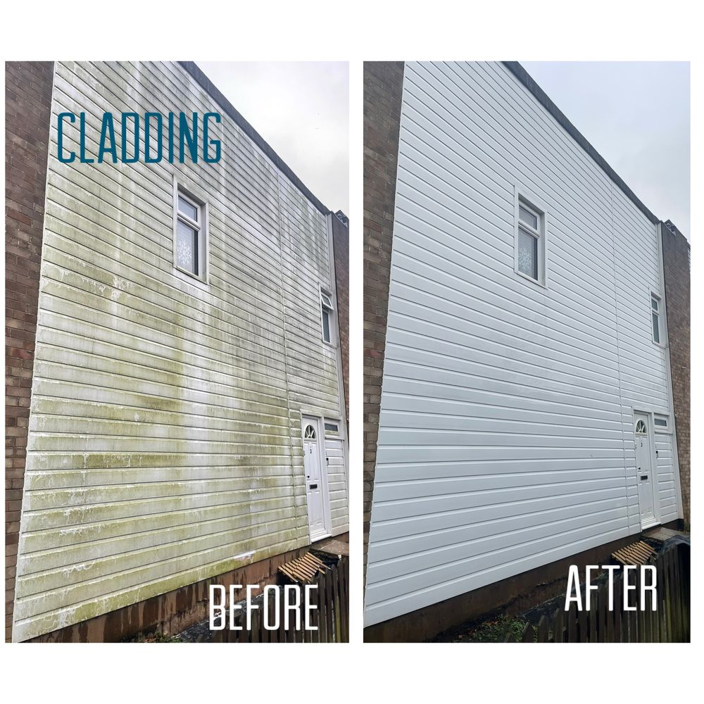 UPVC cladding before and after cleaning, removing green algae staining