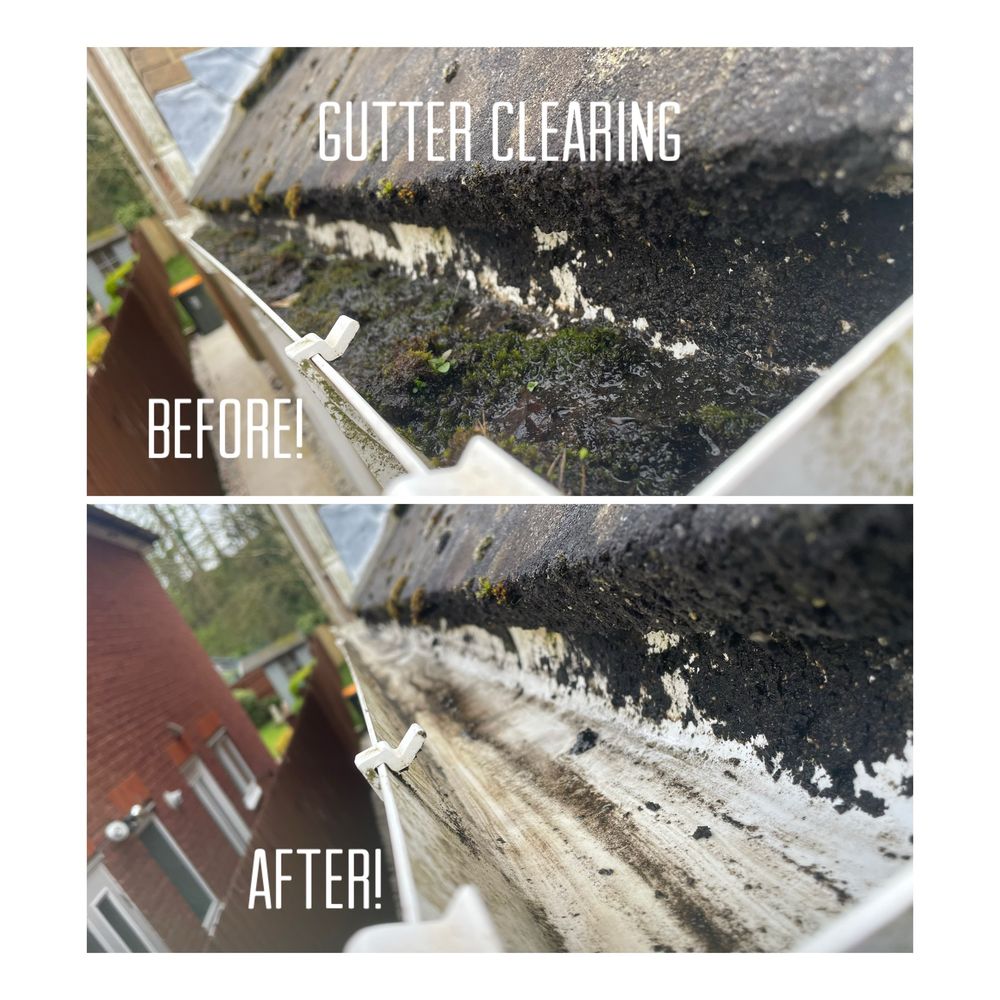A gutter full of moss before and after clearing